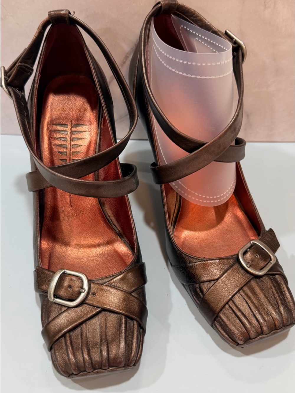 Women's Brown Metallic Leather Buckle Mary Jane Heels,